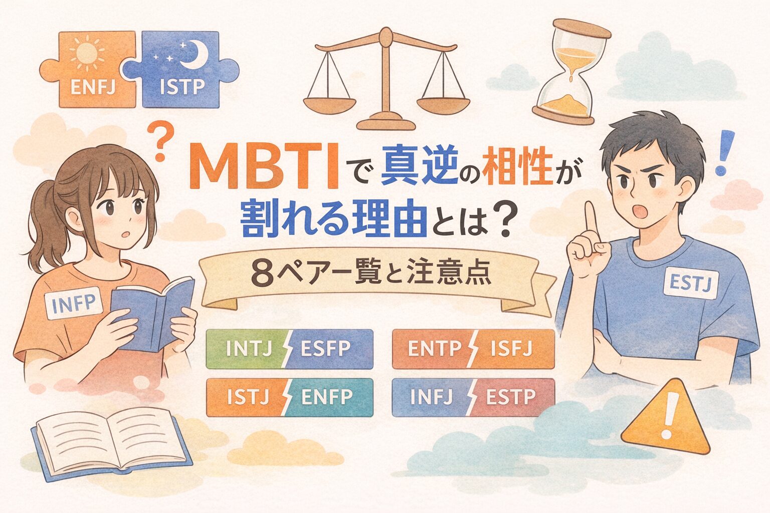 MBTIで真逆の相性が割れる理由とは？8ペア一覧と注意点のイメージ図