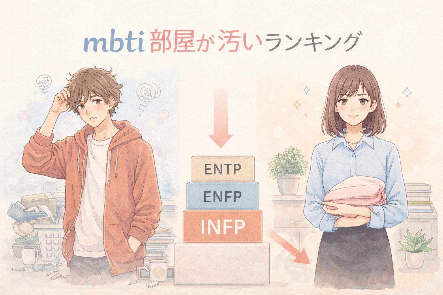 mbtiの部屋が汚いランキングの上位と下位の対比イメージ